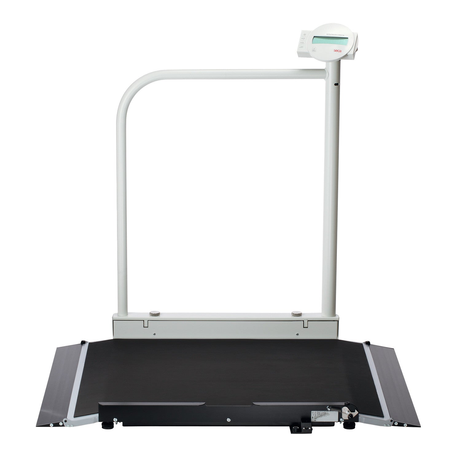 The seca 676 Electronic Wheelchair Scale with Handrail features a flat platform and an integrated digital display on a pole.