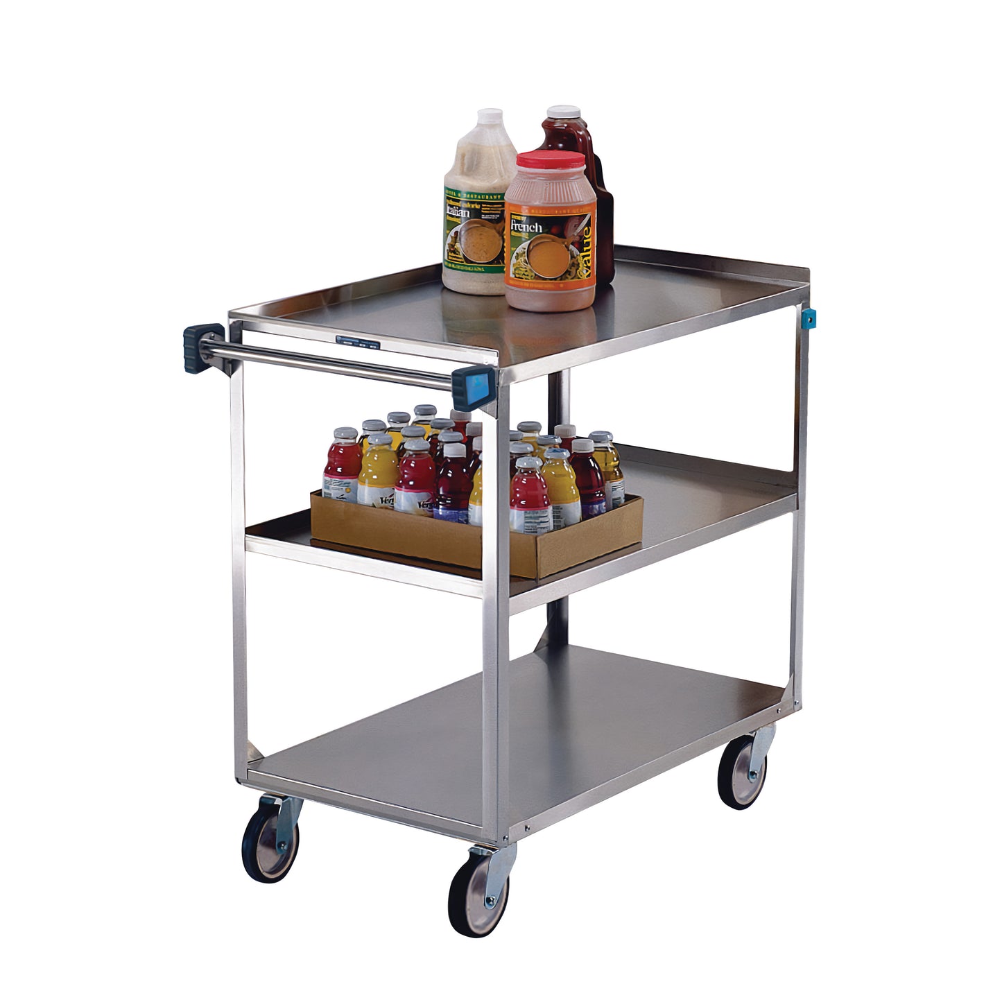 AliMed Heavy Duty Stainless Steel Utility Cart with two shelves holds large condiment bottles on top and assorted drinks below.
