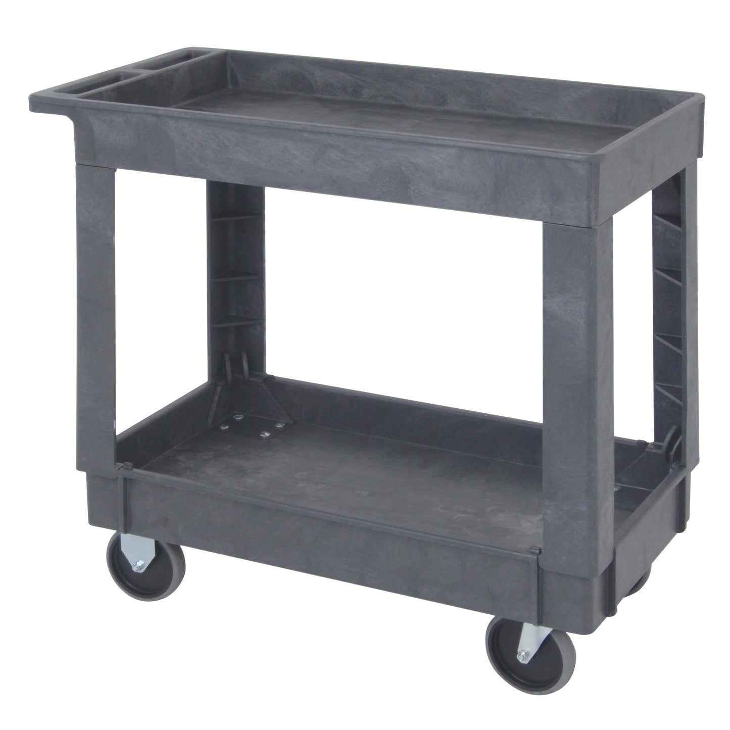 The image shows an AliMed Deep Well Utility Cart with two shelves, a handle, and four wheels, designed for easy transport.