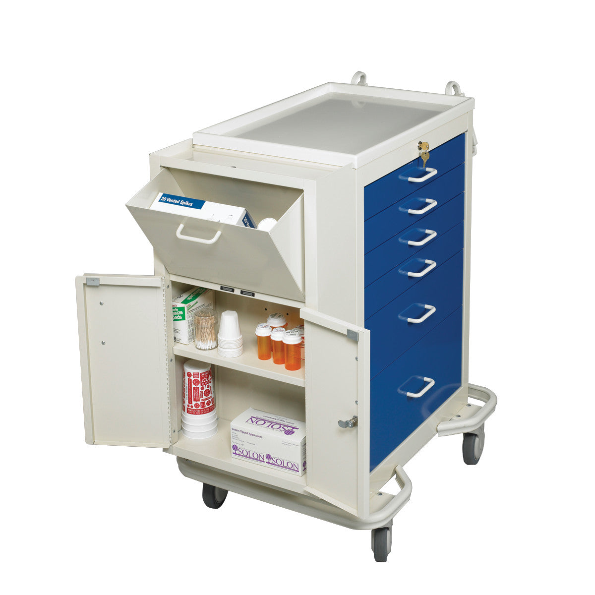 A medical cart with blue drawers and open side cabinet containing supplies, featuring the AliMed Cart Accessory with Key Lock.