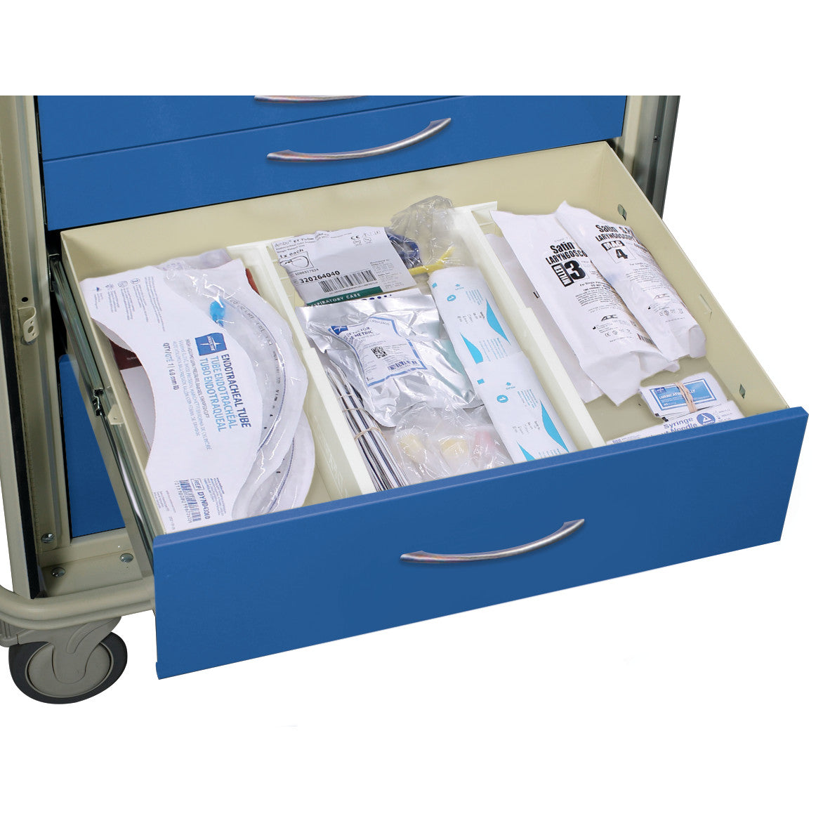 An open drawer with a Spring-Tension Drawer Divider Set for Standard/Wide Series Medical Carts, holding various medical supplies.