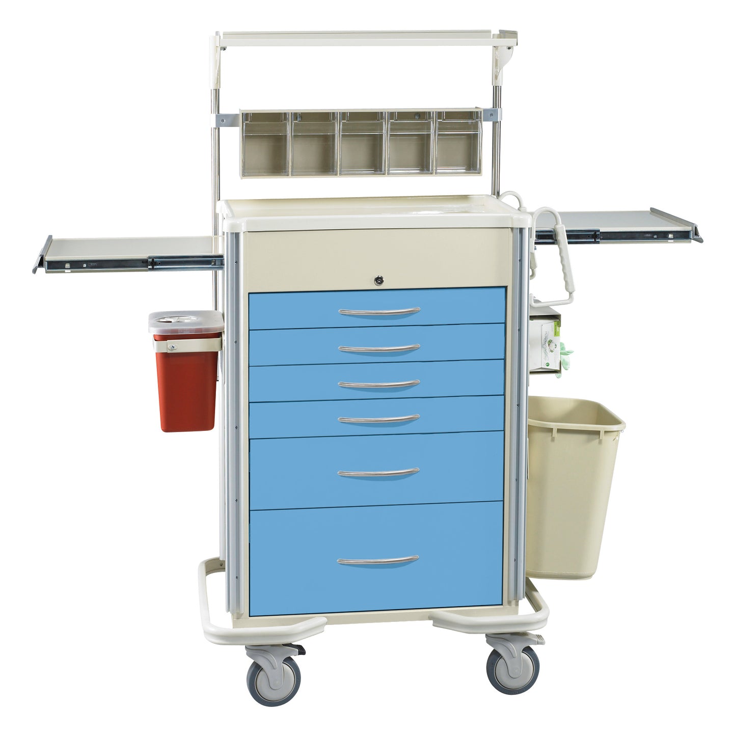 Accessory Packages for AliMed Select Series Anesthesia Medical Carts with blue drawers, a red disposal bin, and a beige waste container.