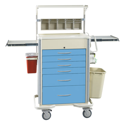 Accessory Packages for AliMed Select Series Anesthesia Medical Carts with blue drawers, a red disposal bin, and a beige waste container.