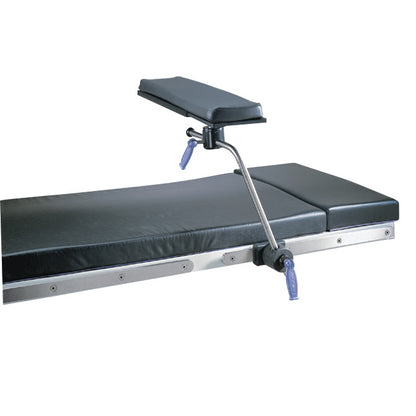 The Allen Multi-Task Armboard is shown attached to a padded medical table, featuring a black cushion and adjustable metal arm support.
