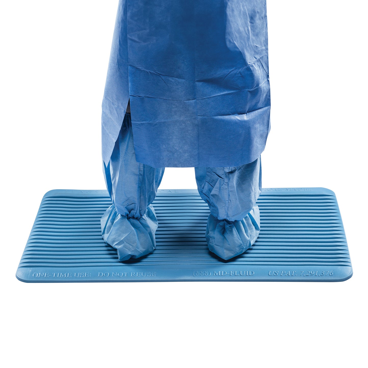 A person in full surgical attire stands on a blue Flagship Surgical Mat, which reads "ONE-TIME USE: DO NOT REUSE" at the bottom.