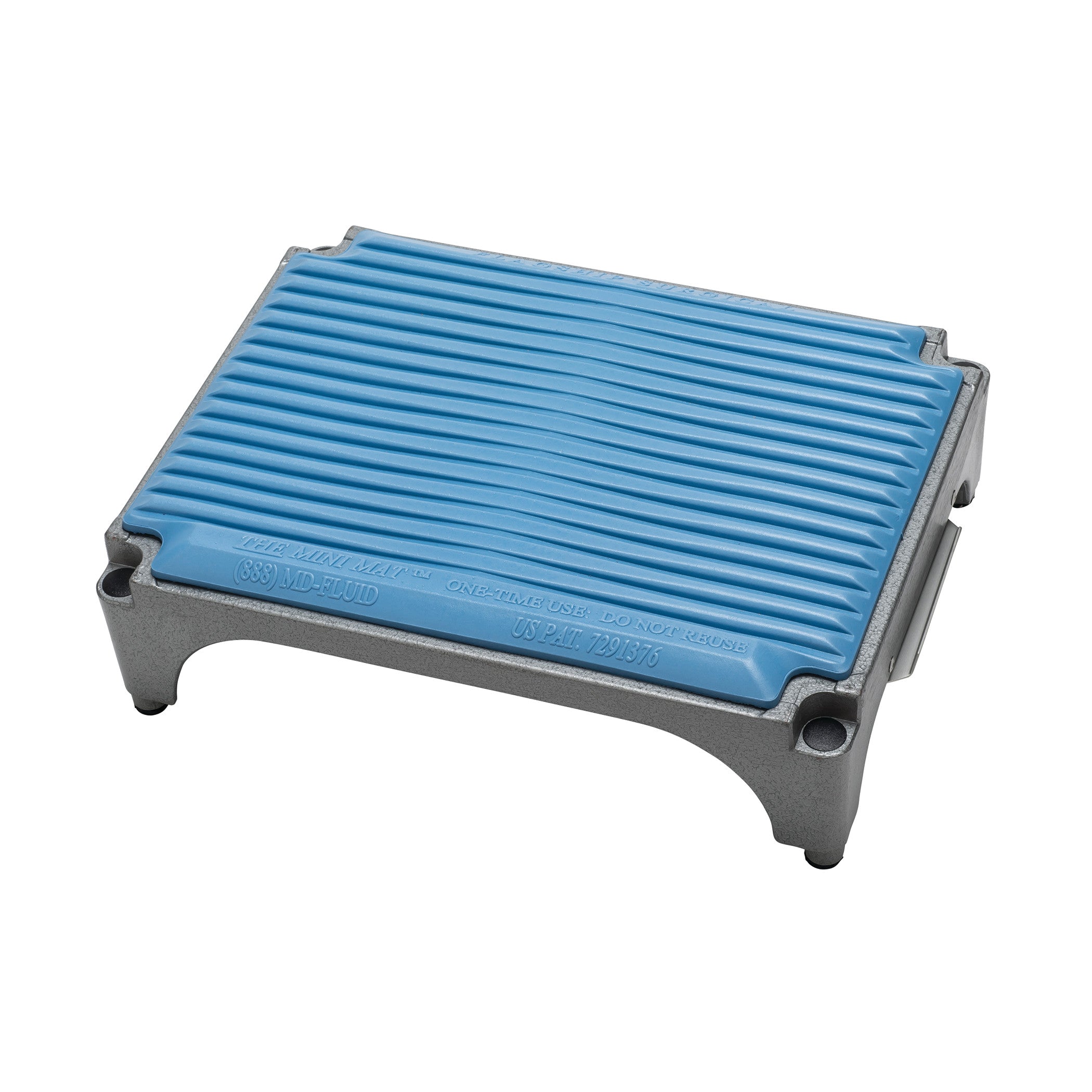 The Flagship Surgical Mini Mat is a small, rectangular mat with a blue, ribbed surface and a sturdy gray frame, used for medical purposes.