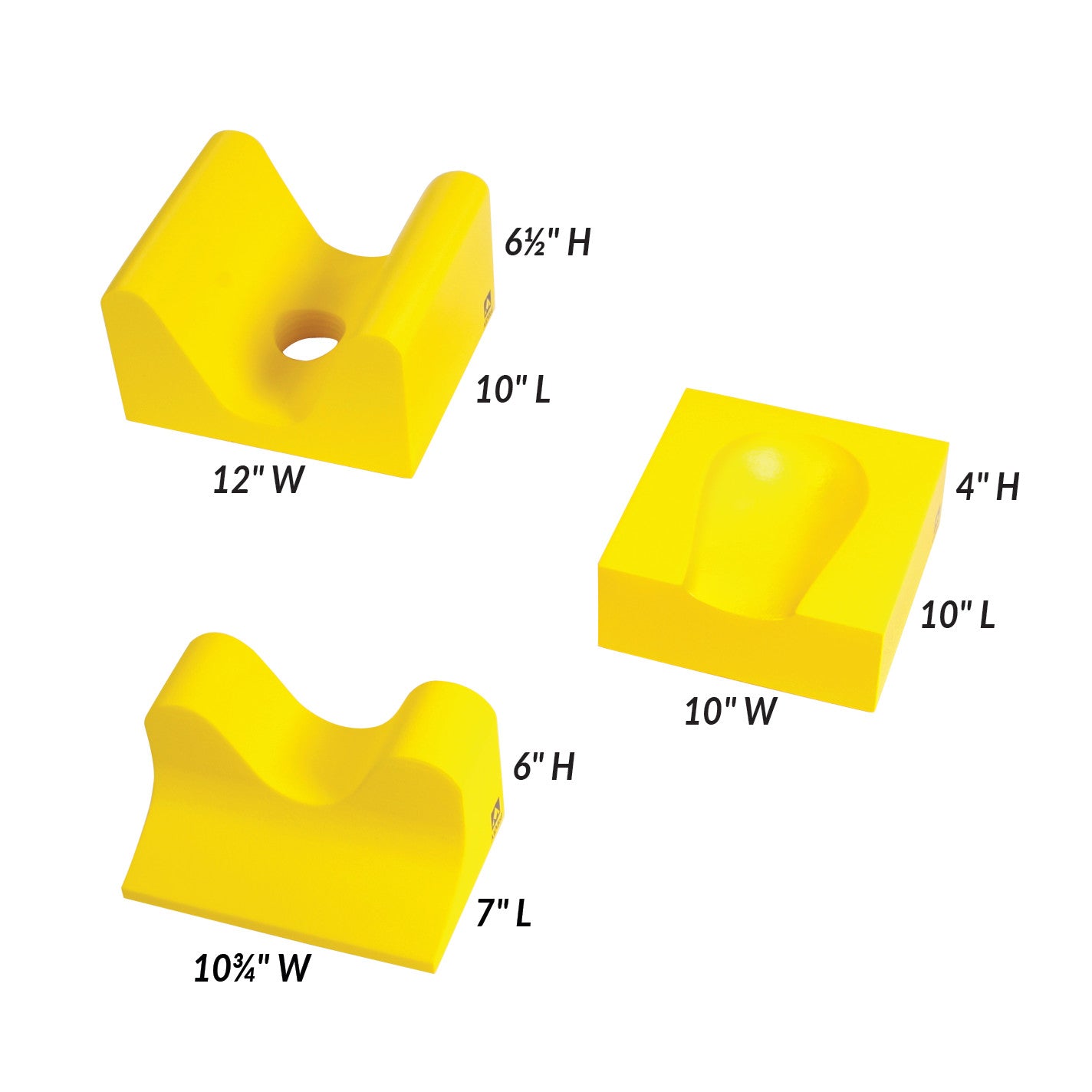 Three yellow foam blocks of varying shapes and sizes from the AliMed Protecta-Coat Head and Neck Set, with dimensions labeled.