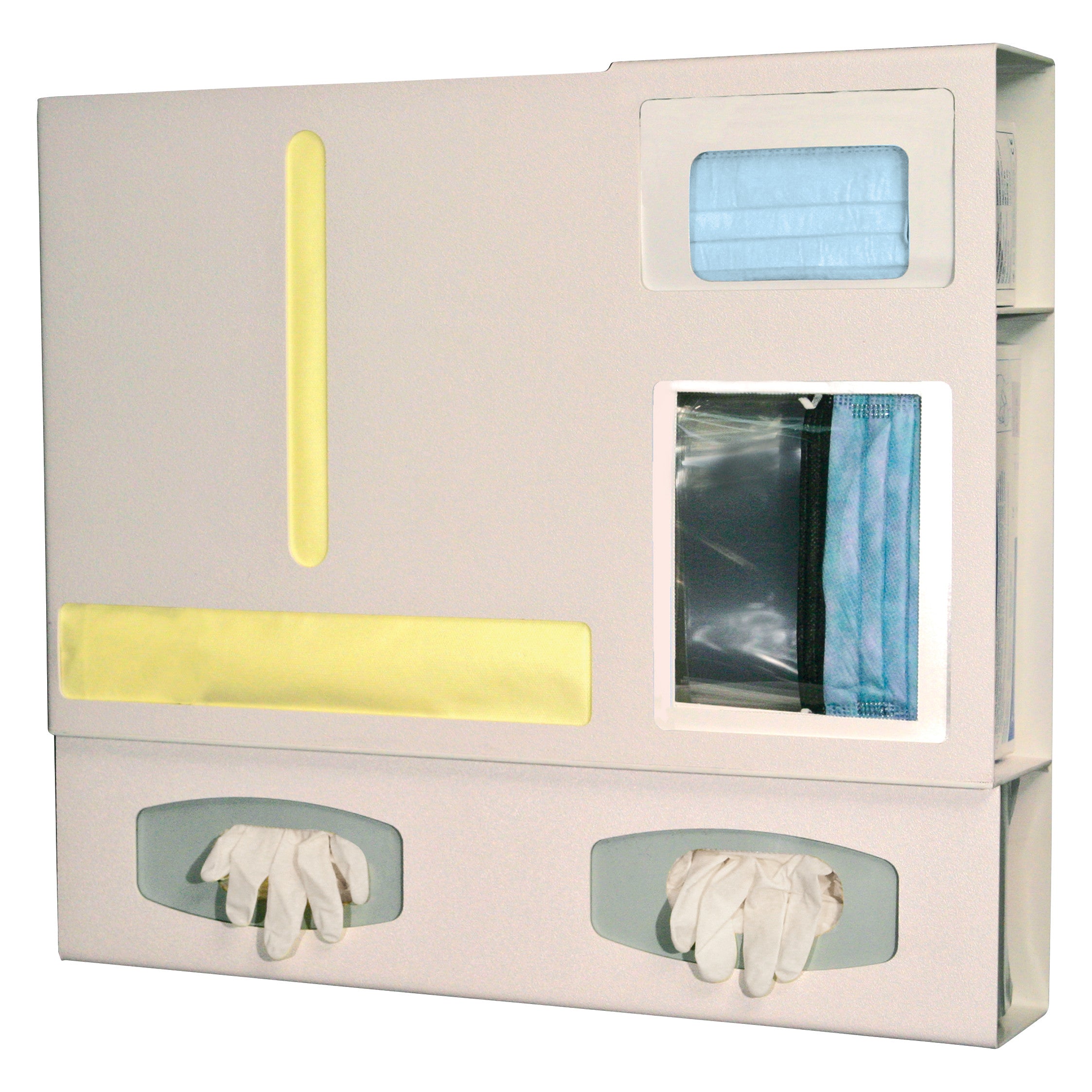 Bowman Double-Glove Single-Gown ABS Isolation Station with dispensers for gloves, gowns, and masks, featuring a beige design.
