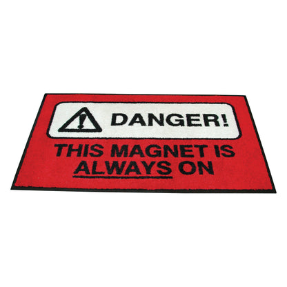 Red MRI Floor Mat Carpet Warning Sign with black text reading "Danger! This magnet is always on" and a warning symbol.