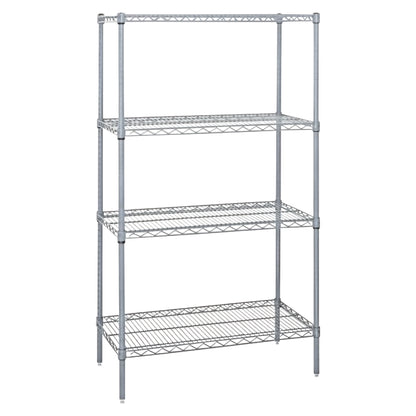 A four-tier Quantum Chrome Wire Starter Shelving Unit with adjustable chrome wire shelves and sturdy metal frame.