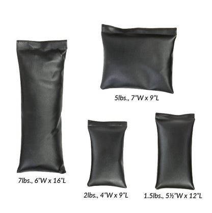 AliMed Pediatric Sandbag Set includes four black bags: 7lbs (6"x16"), 5lbs (7"x9"), 2lbs (4"x9"), and 1.5lbs (5�"x12").