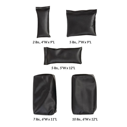 AliMed Femoral Sandbag Set includes five black sandbags of various weights and dimensions, ranging from 2 to 10 lbs.
