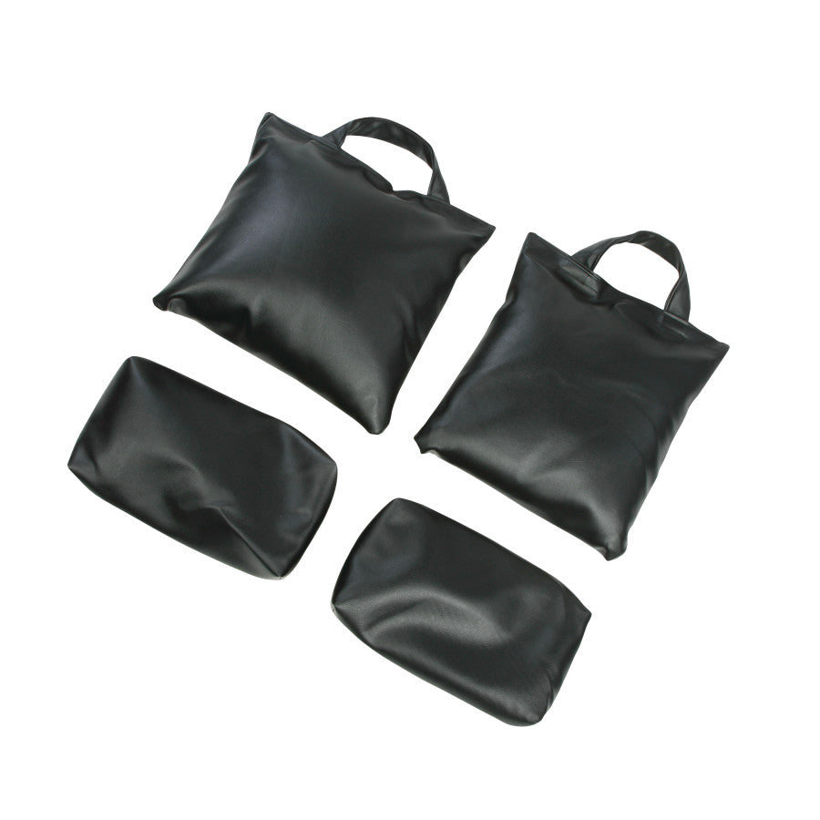 AliMed Bariatric Sandbag Set, featuring two square and two rectangular black bags with handles, used for medical or therapeutic purposes.