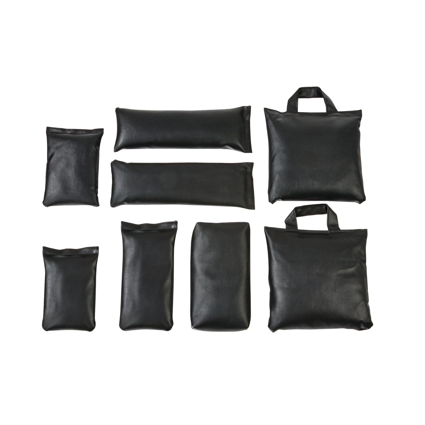 AliMed General Sandbag Set B, featuring eight black rectangular sandbags in various sizes, with two having handles.