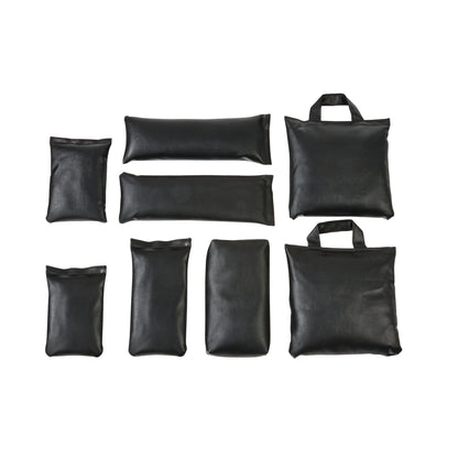 AliMed General Sandbag Set B, featuring eight black rectangular sandbags in various sizes, with two having handles.