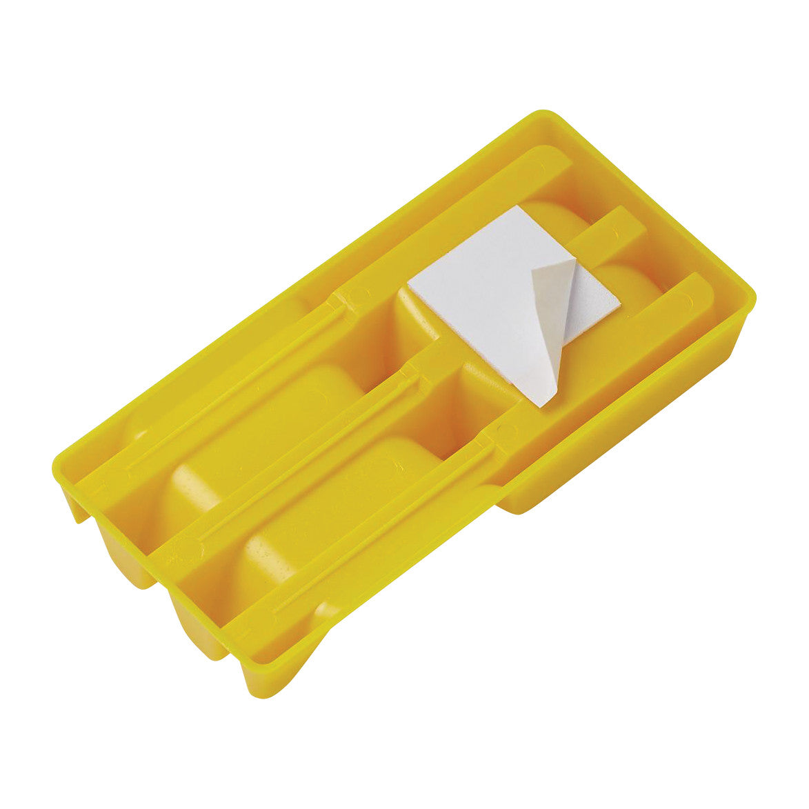 Yellow plastic Scalpel Holder with grooves, holding a single white scalpel blade securely.