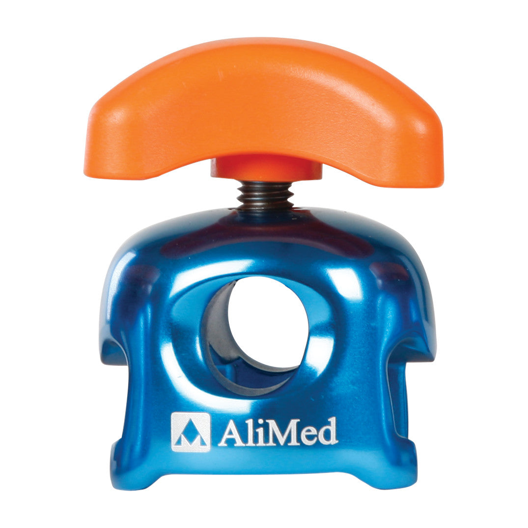 AliMed FREEDOM Round Post Socket in metallic blue with an orange handle, featuring a central circular hole for secure positioning.