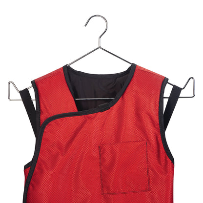 A red vest with a square pocket is hanging on an AliMed Heavy-Duty Radiation Protection Apron Hanger using a metal loop.