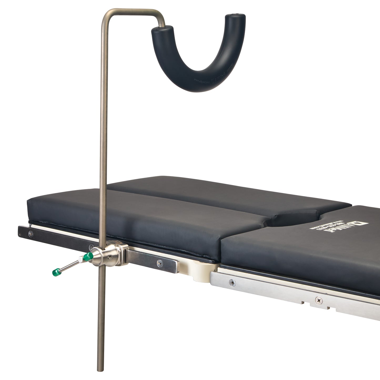 The AliMed Single-Leg Prepper features a cushioned surgical leg holder attached to a padded table with an adjustable metal rod.
