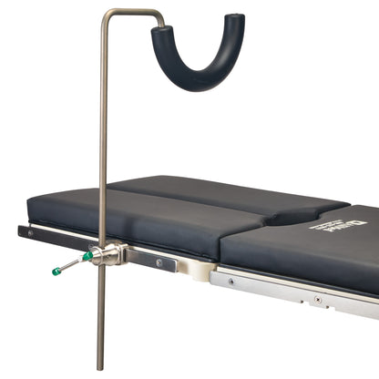 The AliMed Single-Leg Prepper features a cushioned surgical leg holder attached to a padded table with an adjustable metal rod.