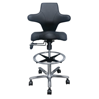 A black Brandt Industries Sonography Chair with adjustable backrest, chrome foot ring, and five-wheel base for mobility.