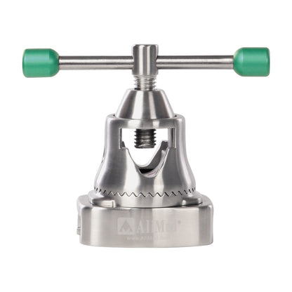 AliMed Clark Socket Plus, Slide-On Table Clamp, made of stainless steel with a T-handle and green grips, used for medical purposes.