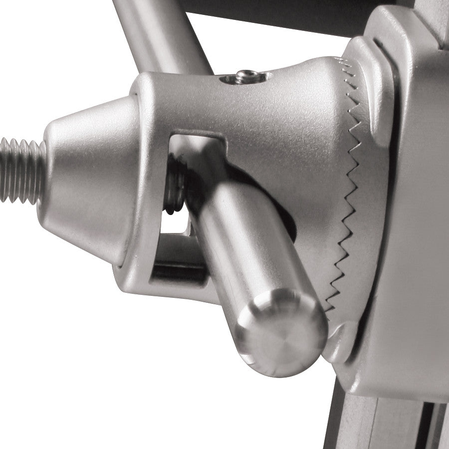 Close-up of the AliMed Clark Socket Plus, Slide-On Table Clamp with a metallic finish and grooved circular adjustment.