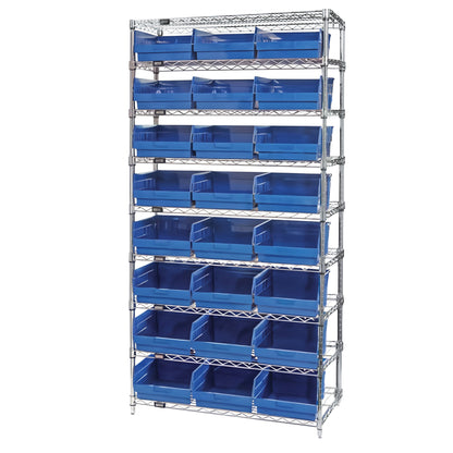 Quantum Chrome Wire 9-Shelf Bin System with multiple tiers of blue plastic bins organized on a metal wire shelving unit.