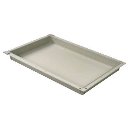 A Harloff MedStorMax Modular Exchange Tray in light gray, featuring a rectangular shape with raised edges and a flat base.
