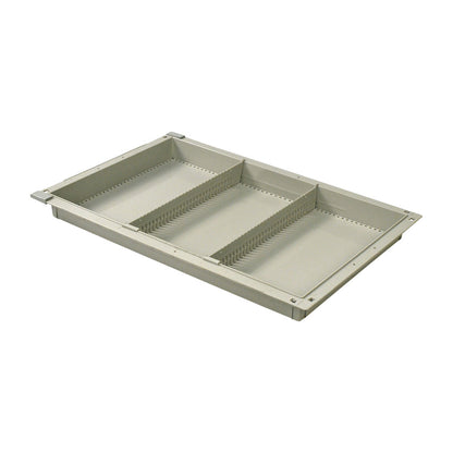 Harloff MedStorMax Modular Exchange Tray, a beige plastic tray with adjustable dividers, designed for organized storage.