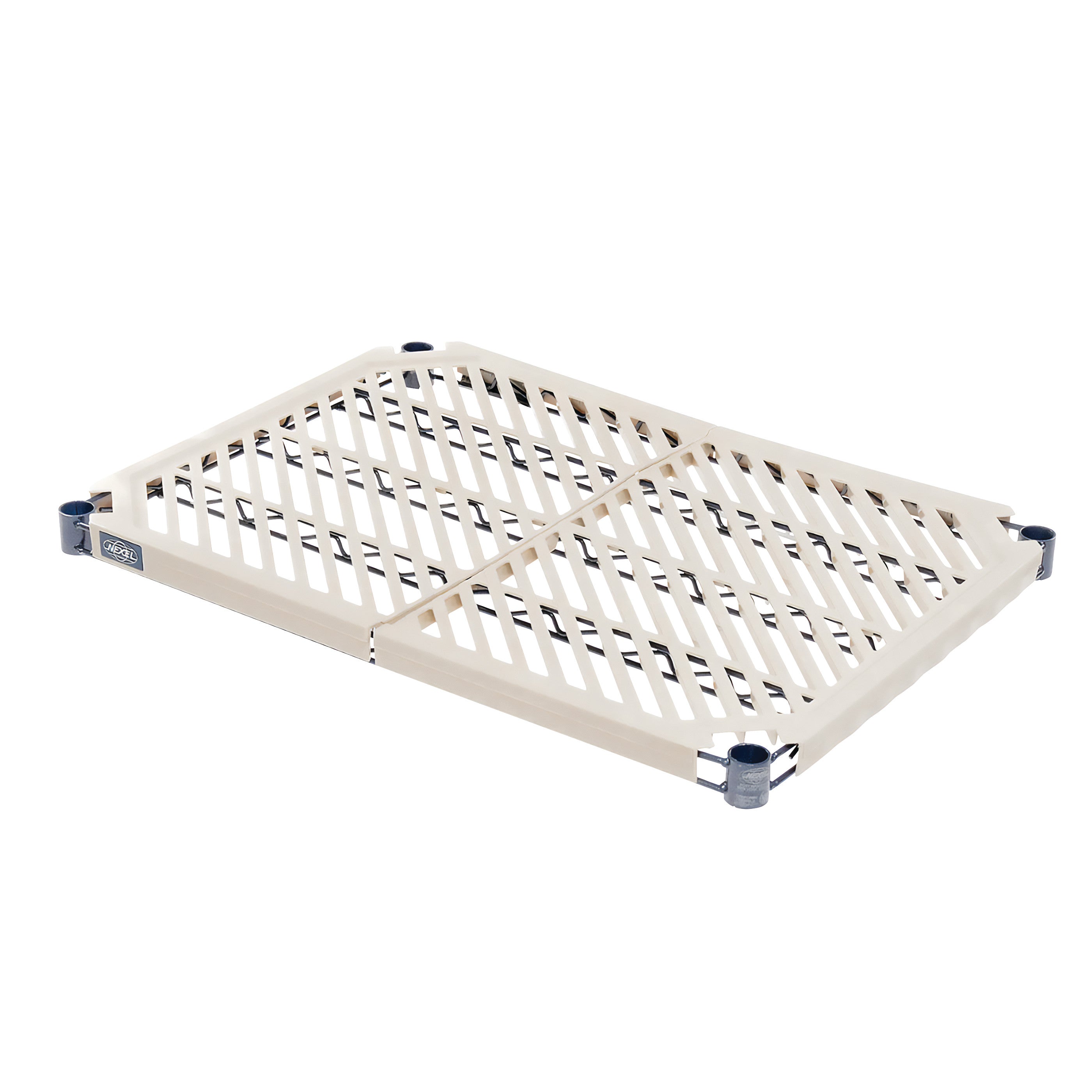 A beige Shelf for Nexelon Antimicrobial Shelving Unit with diagonal slats and square corners, designed for stability and airflow.
