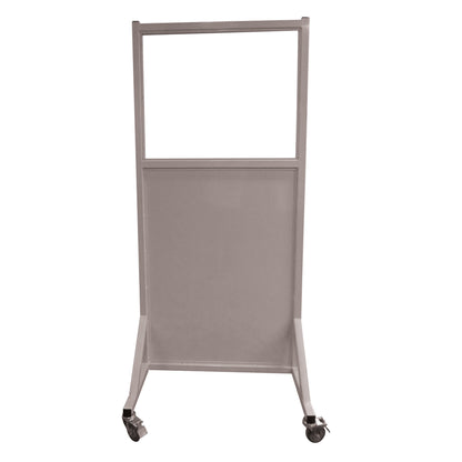A Phillips Safety Mobile Lead Glass Barrier with a clear top section and solid bottom on wheels for mobility.