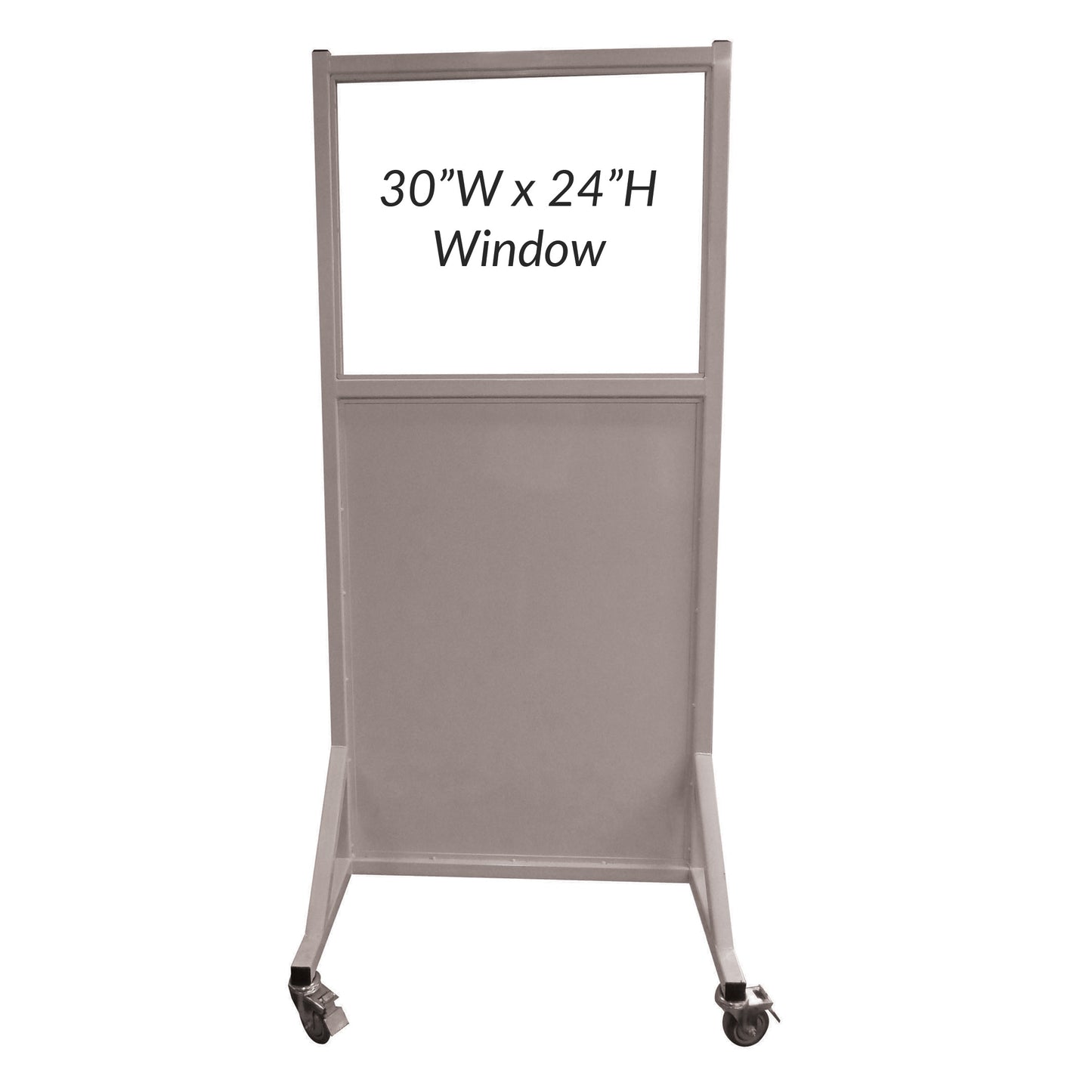 Mobile lead glass barrier with wheels, featuring a 30"W x 24"H window. Product name: Phillips Safety Mobile Lead Glass Barrier.