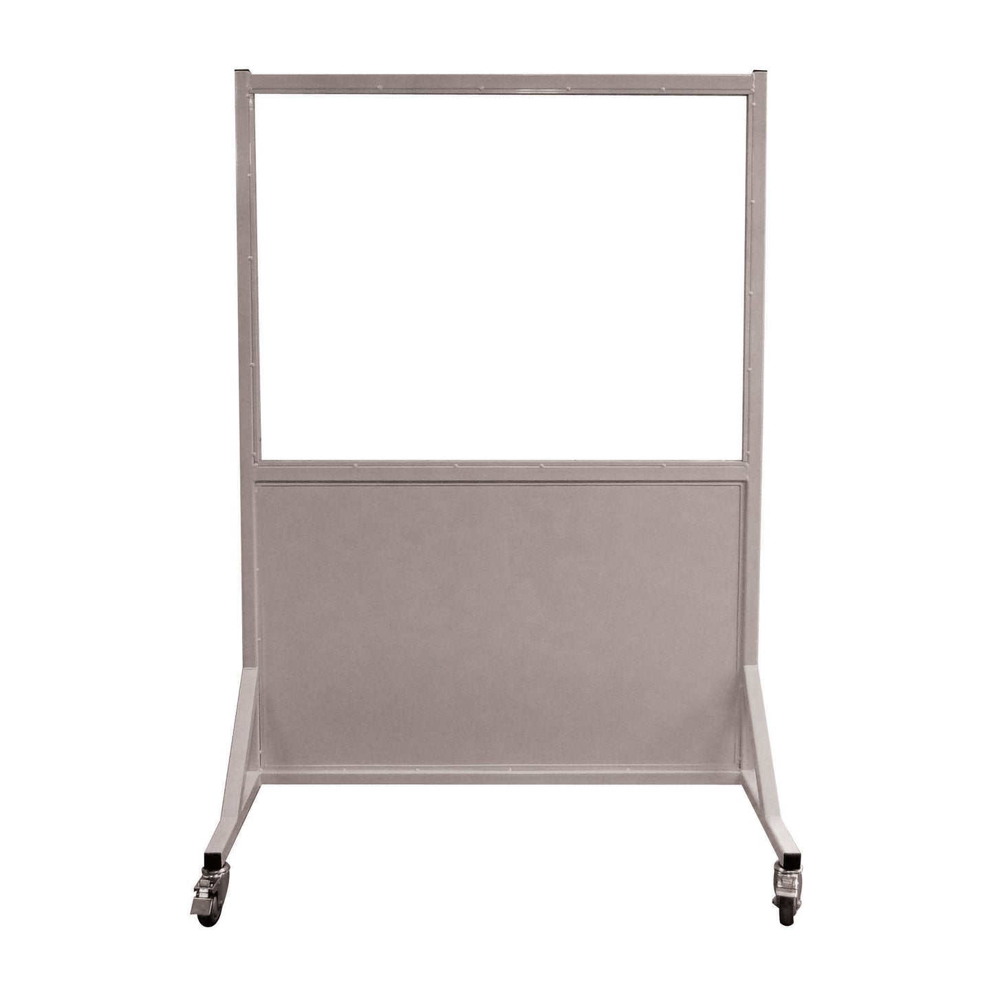 Phillips Safety Mobile Lead Glass Barrier with a clear top panel and opaque bottom on wheeled legs for mobility.