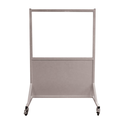 Phillips Safety Mobile Lead Glass Barrier with a clear top panel and opaque bottom on wheeled legs for mobility.