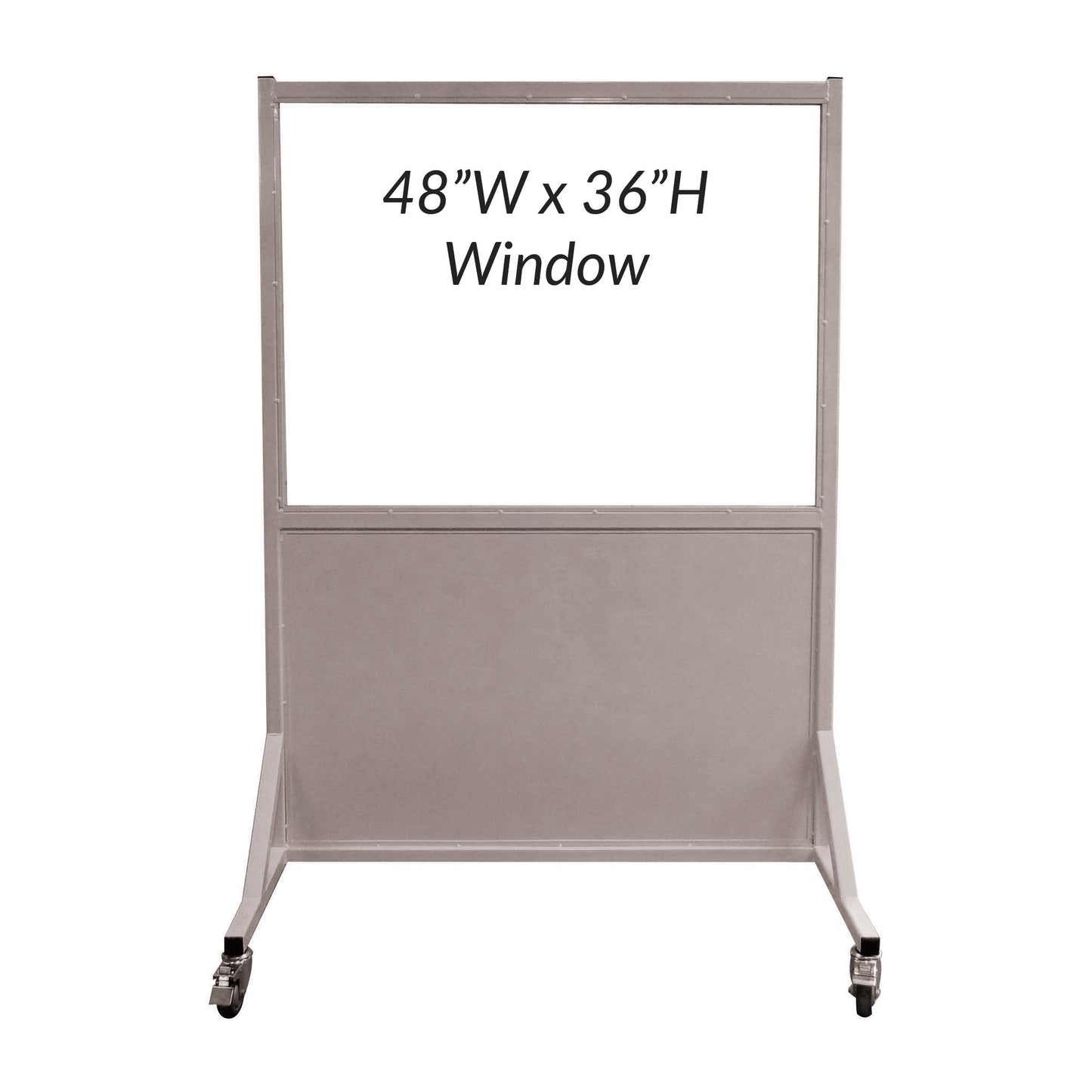 Phillips Safety Mobile Lead Glass Barrier with a 48"W x 36"H window and lower panel, mounted on wheels for easy movement.