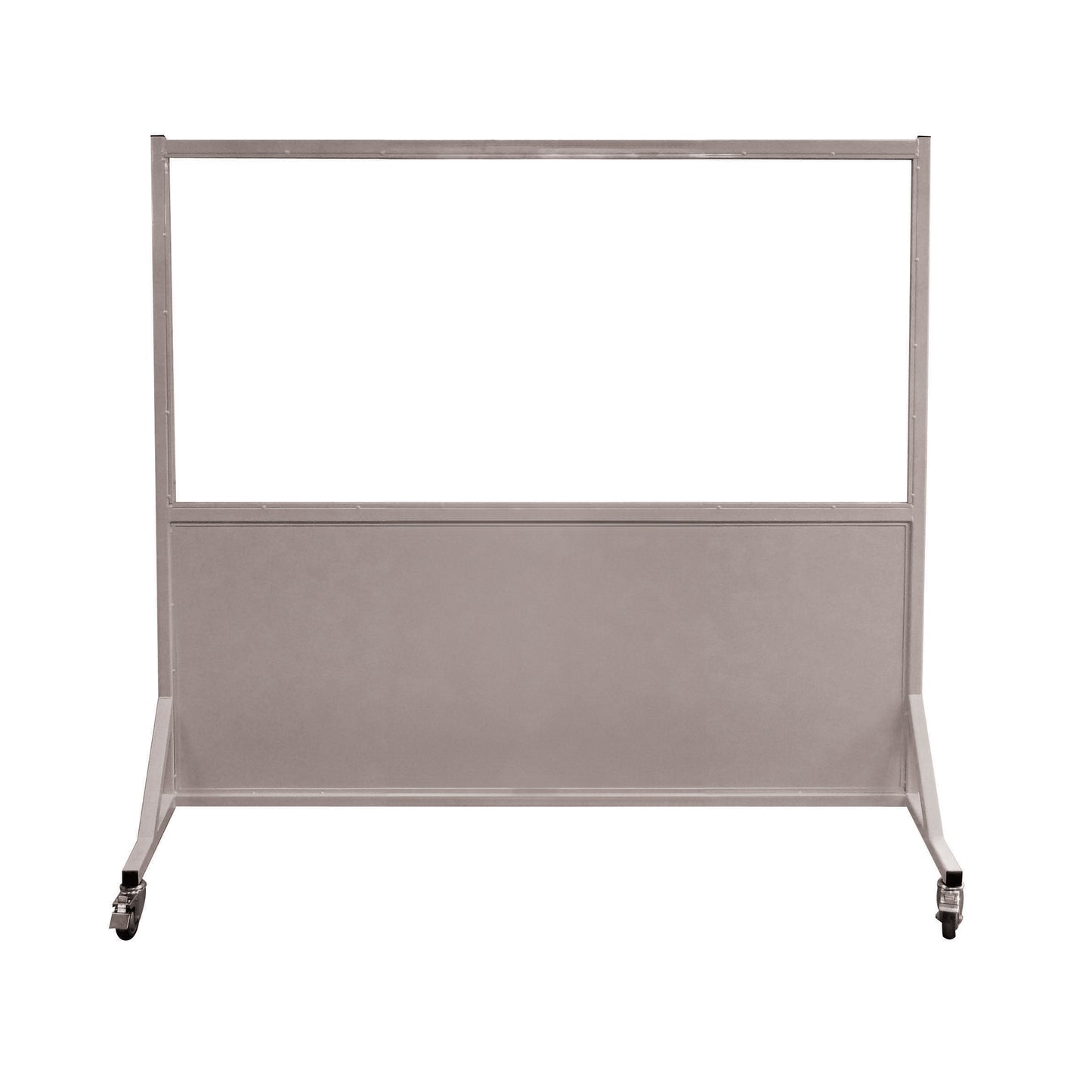 The Phillips Safety Mobile Lead Glass Barrier is a portable, wheeled partition with a transparent upper section and solid lower panel.