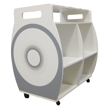 MR-Conditional Coil Cart with circular side design and compartment shelving on wheels, featuring built-in handles for easy mobility.