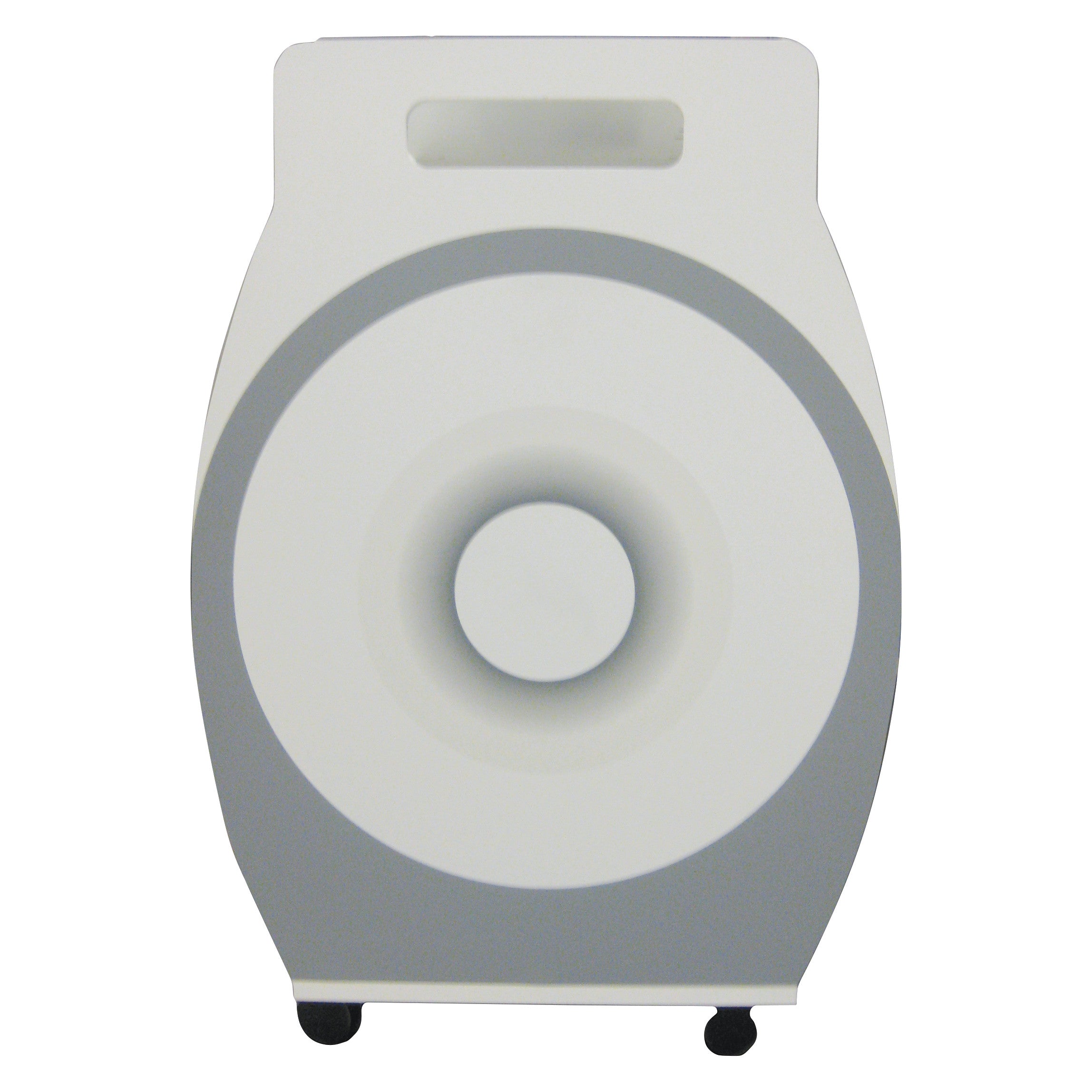 The MR-Conditional Coil Cart is a gray and white cart with a handle and wheels, featuring a circular pattern on the front.