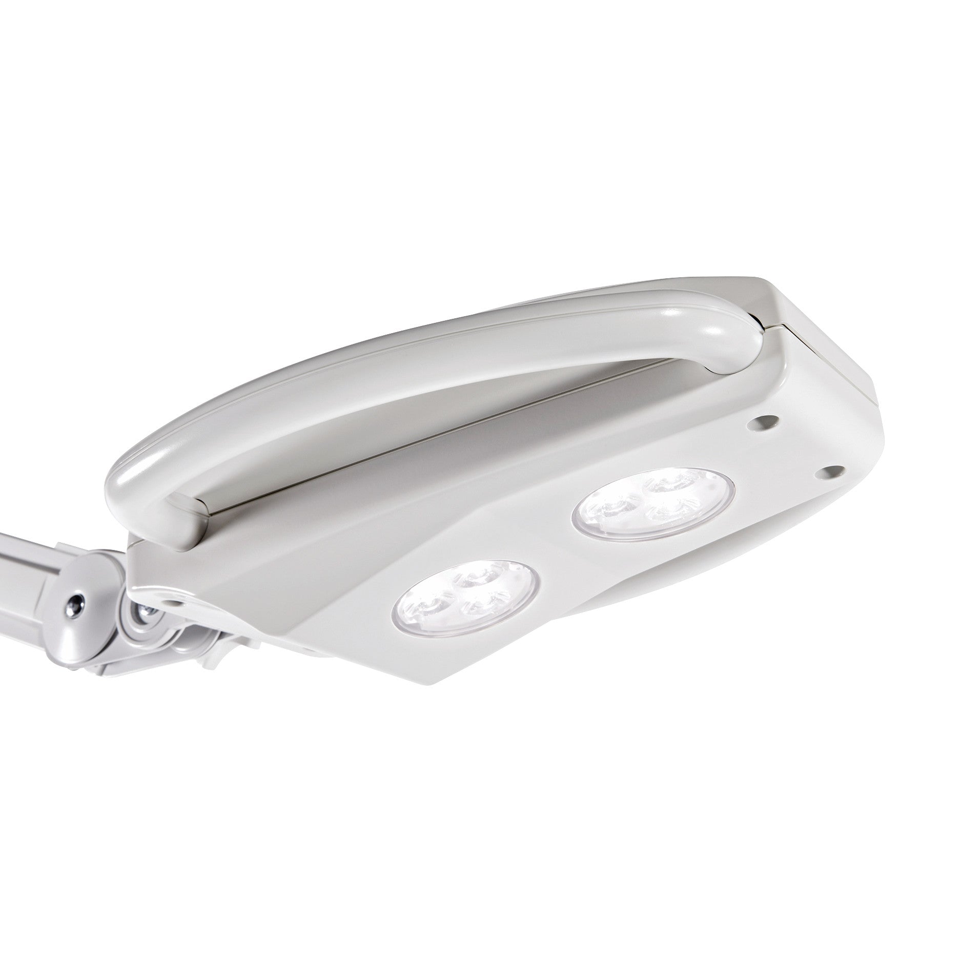 The Burton Nova Exam LED Light features a sleek, white adjustable arm and two circular LED lights for medical examination purposes.