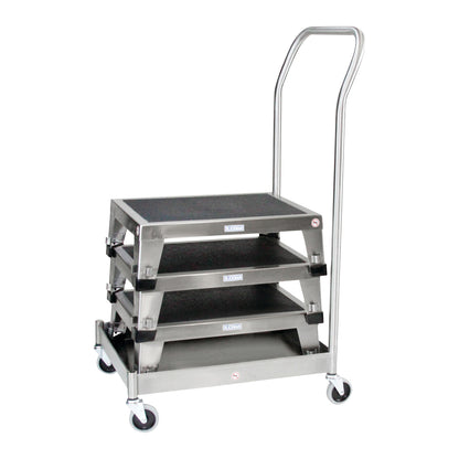 Dolly for Blickman EZ Stacking Stool with three stackable steps, a handle, and swivel casters for easy movement.