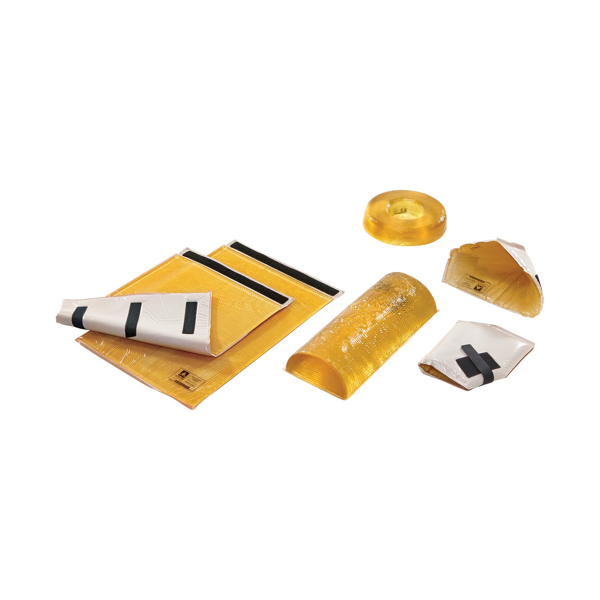 The AliMed AliGel Supine Positioning Set features yellow gel pads in various shapes designed for patient support and positioning.