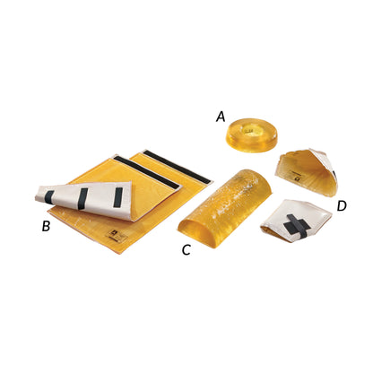 The AliMed AliGel Supine Positioning Set includes yellow gel pads in various shapes labeled A, B, C, and D, with white backing.