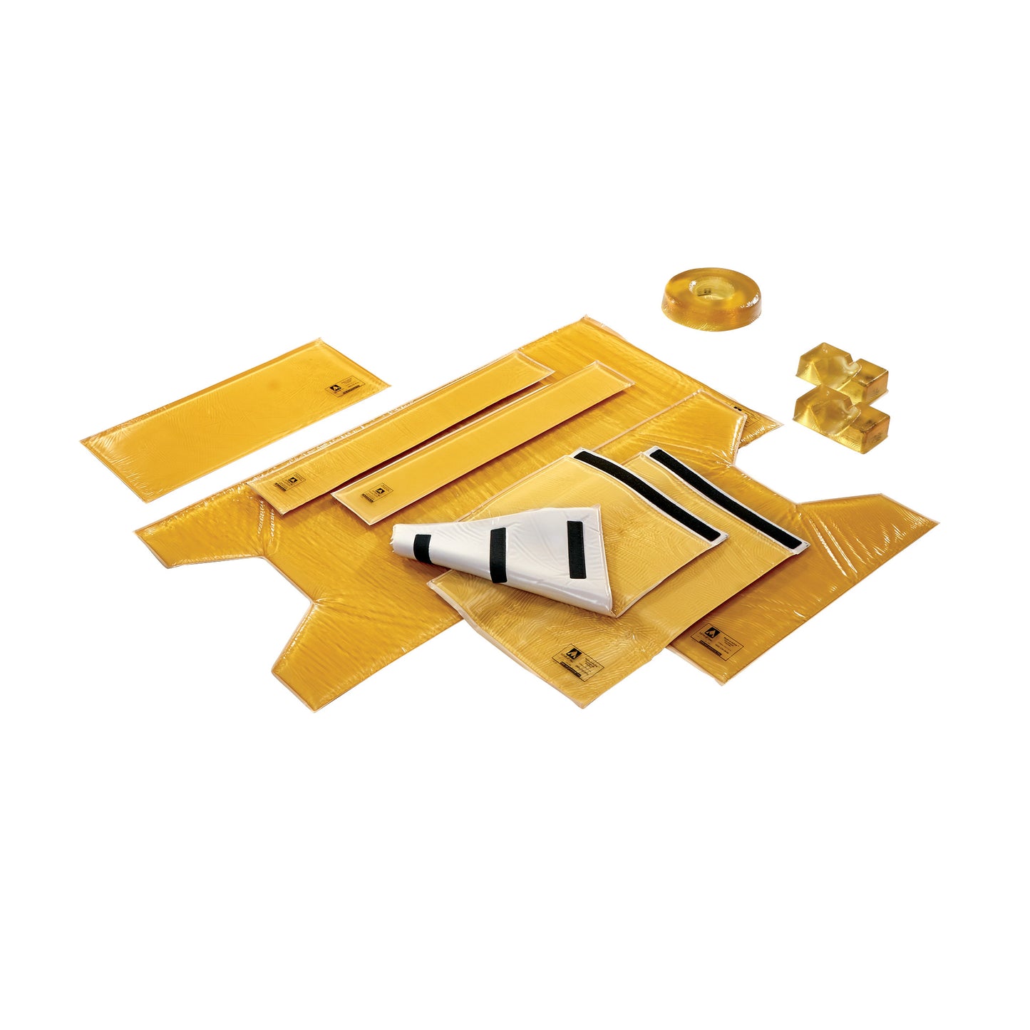 AliMed AliGel Select Positioning Set includes yellow padding pieces and a white arm support with black straps on a white background.