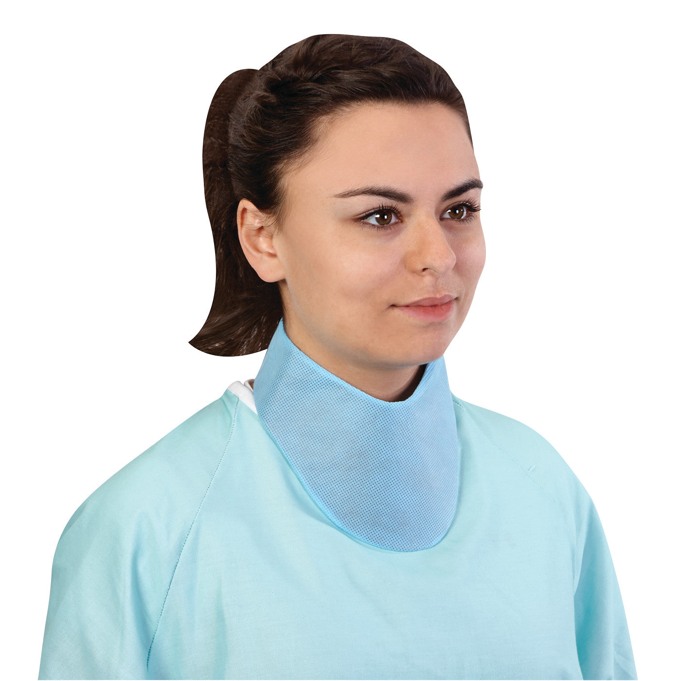 A person wears the Barrier Technologies Ultralight Disposable Thyroid Shield, a light blue protective cover around the neck.