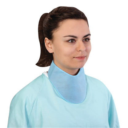 A person wears the Barrier Technologies Ultralight Disposable Thyroid Shield, a light blue protective cover around the neck.