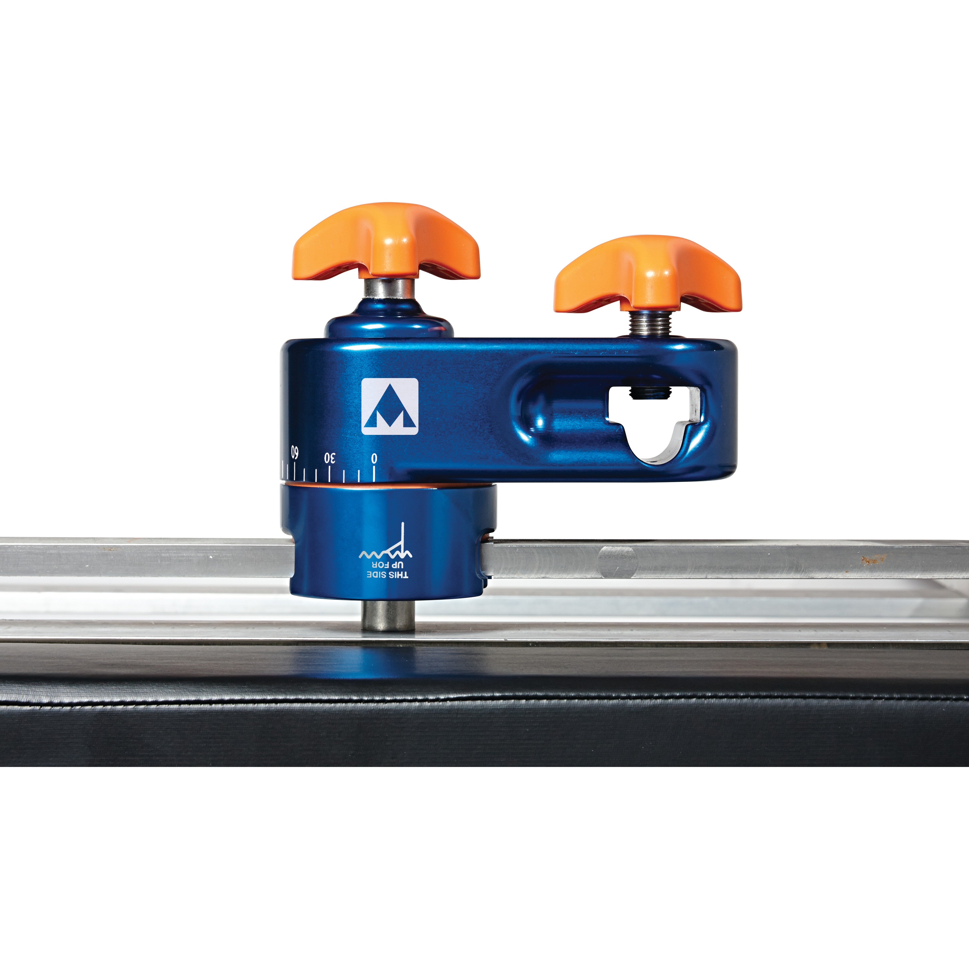 The AliMed FREEDOM 360 Socket, a blue and orange orthopedic tool, is attached to a rail, featuring adjustable knobs on top.