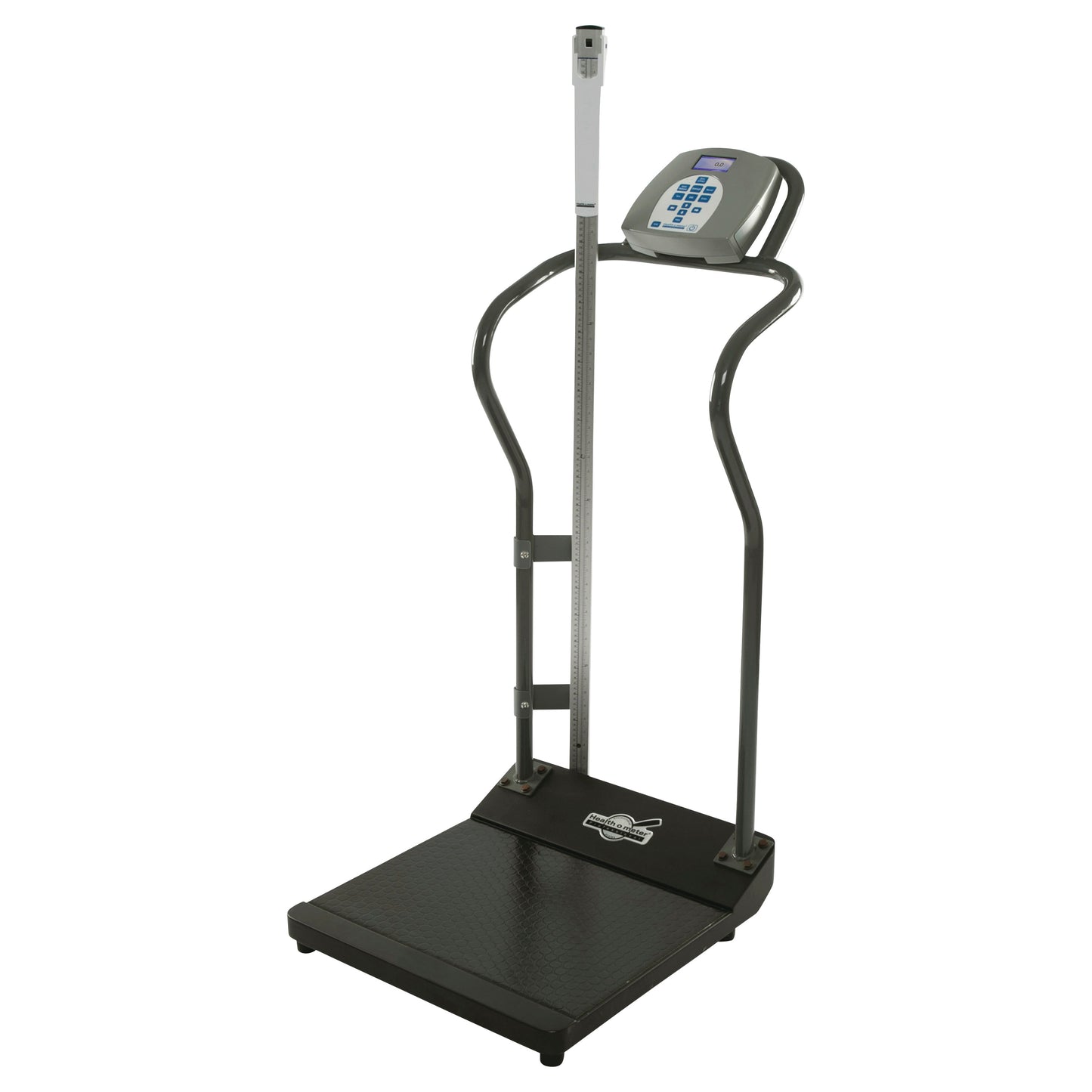 The Height Rod for  Digital Platform Scale features a digital display, a height rod, and sturdy handrails for support.