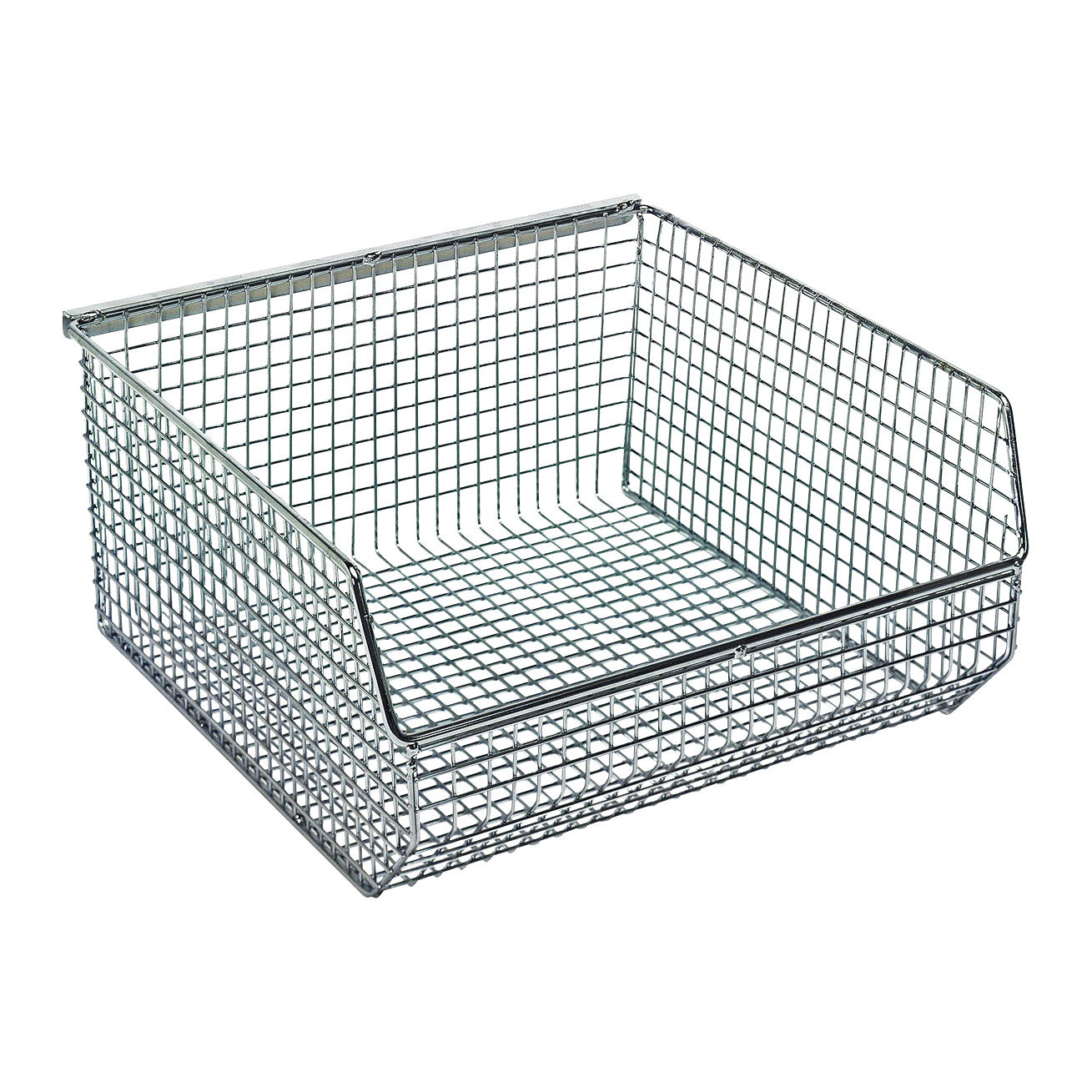 The Quantum Mesh Stack and Hang Wire Bin is a rectangular, metal wire basket with a front opening for easy access and organization.