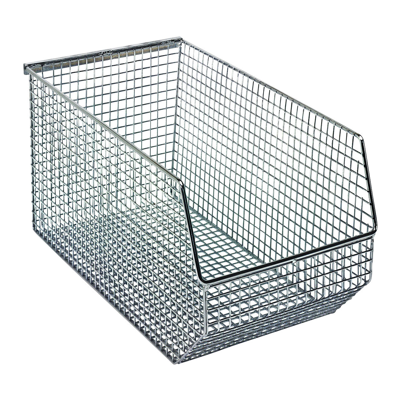 Quantum Mesh Stack and Hang Wire Bin in silver, featuring a rectangular shape with an open front and grid structure for storage.
